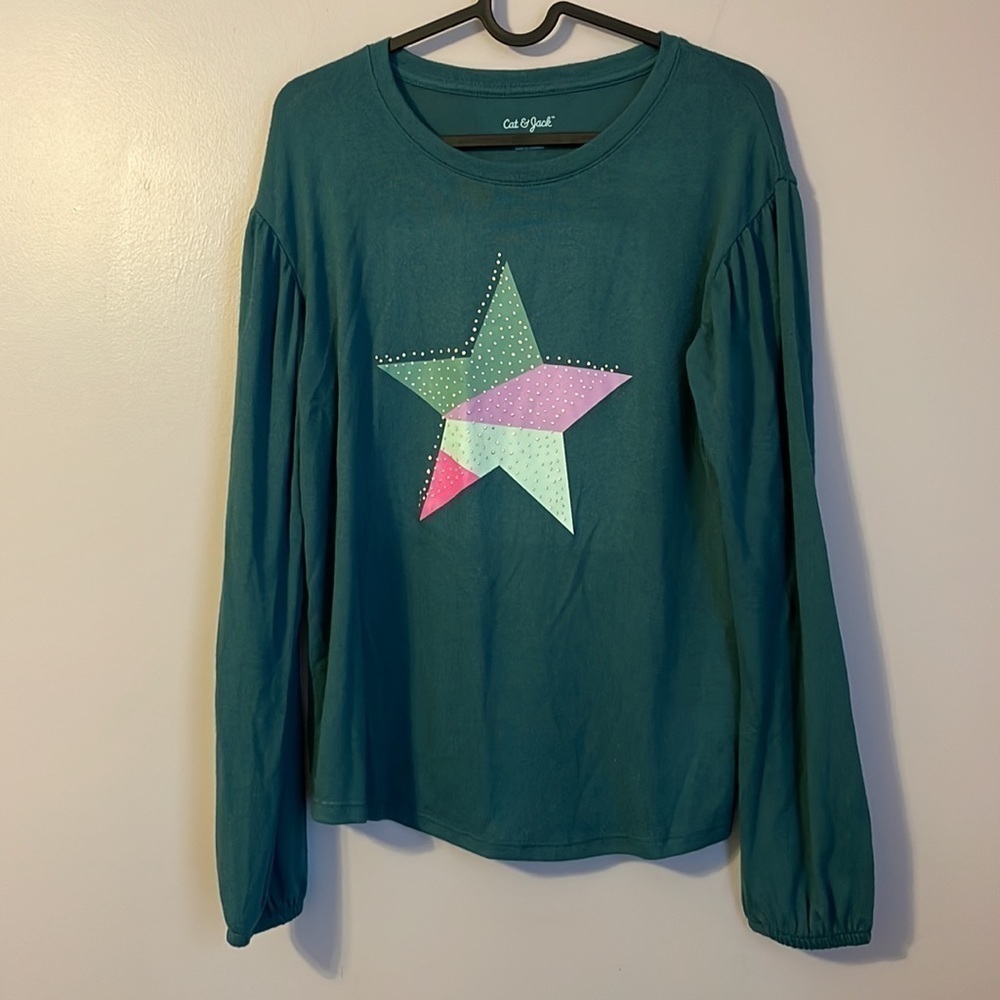 Cat & Jack Teal Star Graphic Knit Sweater size XL (14/16) Recycled Materials